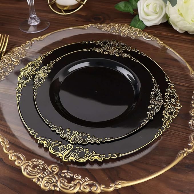 Efavormart 10 Pack | 8" Black and Gold Baroque Dessert Plates, Leaf Embossed Metallic Rim Heavy Duty Appetizer Plates for Modern Moody Socials