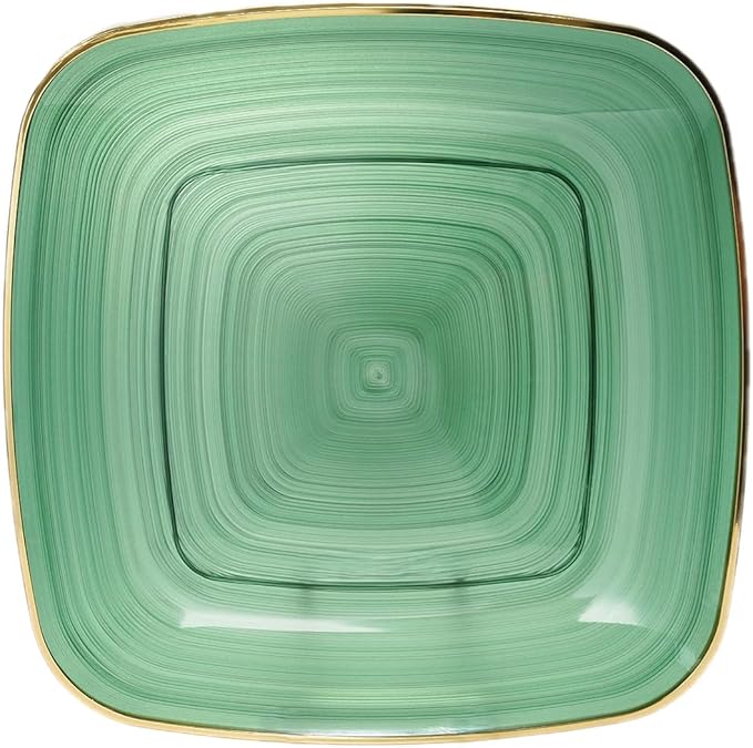 OCCASIONS 50 Green Disposable Plates (25 Guests) - Heavy Duty Square Plastic Dinnerware Set for Wedding Party, 25x10" Dinner + 25x7" Salad Dessert - Belize Square in Green & Gold
