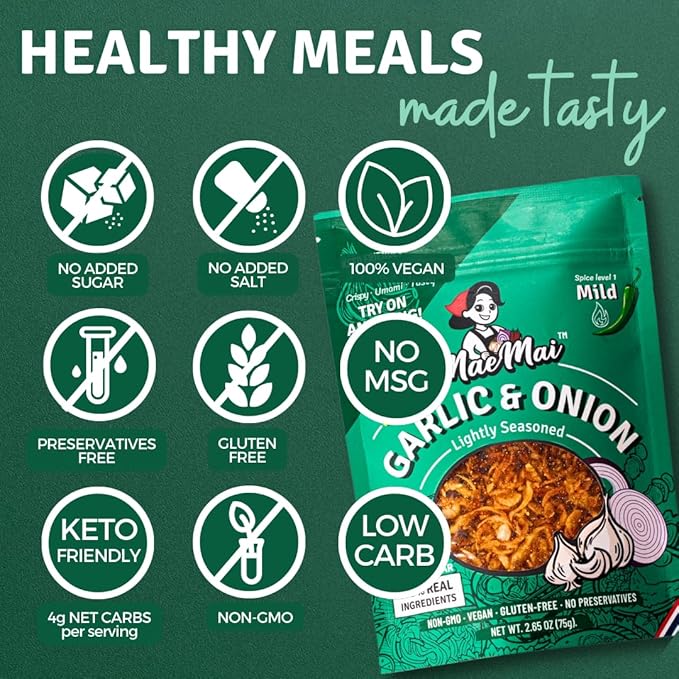 MaeMai Crispy Onion Garlic Flakes (MILD) – Light Heat Crunchy Fried Onion & Garlic, Ramen Rice & Salad Topping, Gluten Free, Vegan, 3.17 oz (90g) – Bag