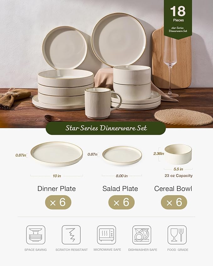 Famiware Star 18-Piece Stoneware Plates and Bowls Sets, Service for 6, Ceramic Dinnerware with Trim, Modern Rustic Dishes for Everyday/Formal, Chip/Scratch Resistant, Microwave/Dishwasher Safe, White
