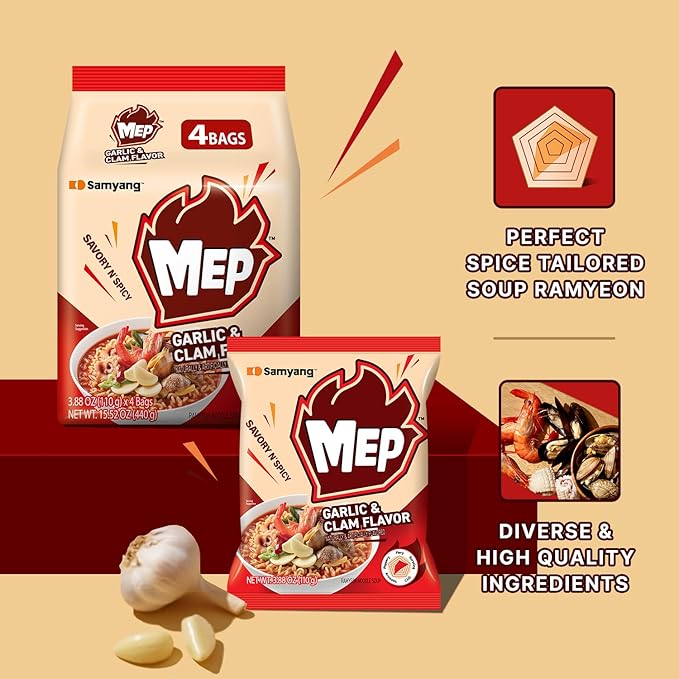 Samyang MEP Garlic Clam Ramen, Spicy Korean Instant Bag Noodle Soup, Refreshing Seafood Broth Ramyeon, Easy Cook Noodles, 3.88 oz (Pack of 4 Bags)