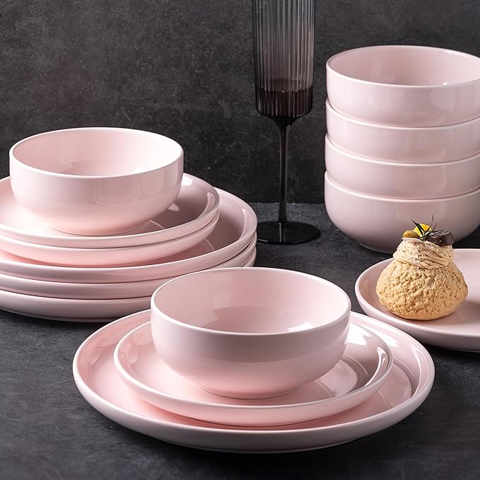 AmorArc Ceramic Dinner Plates Set of 6,10.5 inch Large Stoneware plates for Kitchen,Dinnerware Dishes set- Microwave,Dishwasher Safe,Scratch Resistant-Pink