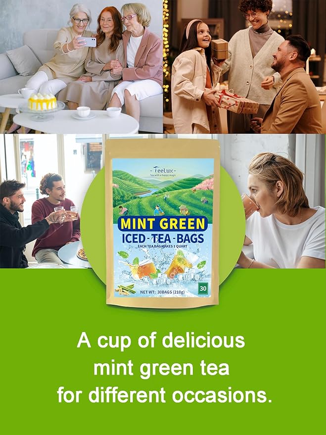 TeeLux Mint Green Tea Bags, Green Tea with Peppermint, Spearmint, and Lemongrass, Large Size for Iced Tea, 30 Count, Corn Fiber Tea Bags