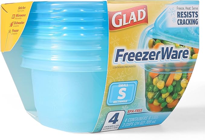 Glad GladWare FreezerWare Food Storage Containers with Lids, Small Rectangle BPA Free Plastic for Freezing Soups and Meal Prep, Crack Resistant, Microwave Dishwasher Safe, 24 Oz, 4 Count - 6 Pack