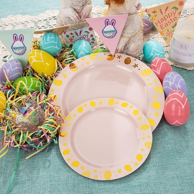 LIYH 60 Pcs Pink Plastic Easter Egg Plates Disposable Dinner & Dessert Plates with Gold Rim for Easter Day Party Decor 30 Guests