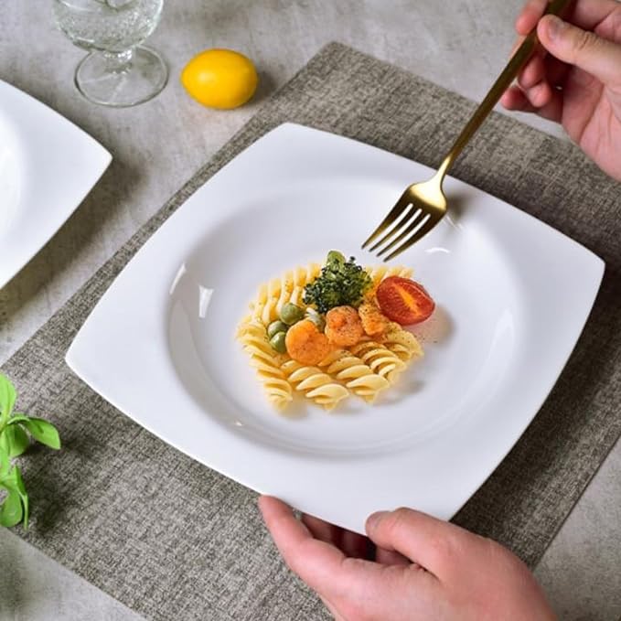 Fine Bone China Square Salad Plates Set of 6-9.25 Inch White Ceramic Stackable Dinner Plates, Oven & Dishwasher Safe for Formal/Casual Dining