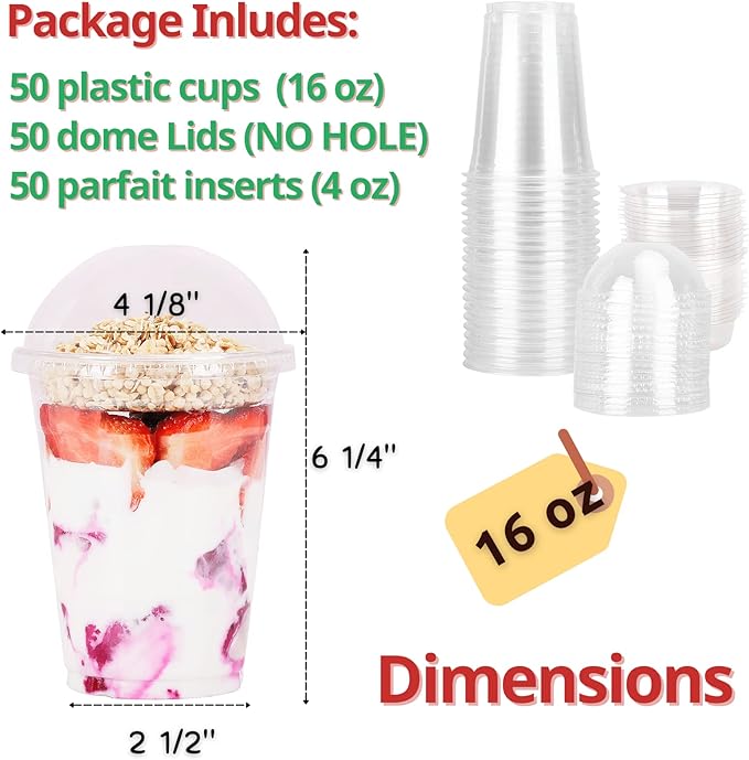 Aatriet 16 oz Clear Plastic Parfait Cups with Insert 4oz & Dome Lids No Hole - (50 Sets) Yogurt Fruit Parfait Cups for Dips and Veggies, Take Away Breakfast and Snacks. No Leaking