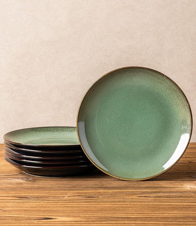 LERATIO Ceramic Dinner Plates Set of 6, 8.0 Inch Handmade Reactive Glaze Porcelain Plates, Coupe Shape Dinnerware Dishes Set for Kitchen,Oven& Microwave & Dishwasher Safe, Scratch Resistant-Green