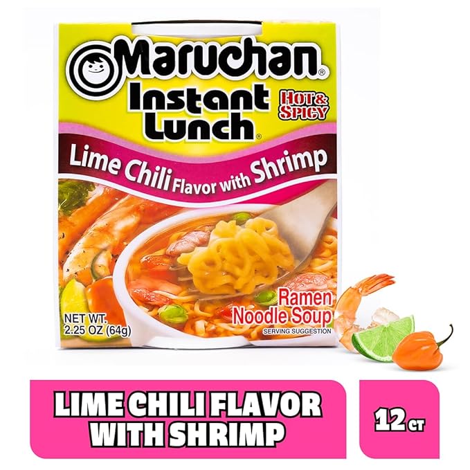 Maruchan Instant Lunch Ramen Noodles, Lime Chili with Shrimp – Japanese-Style Instant Noodle Soup, Easy Meal Ready in 3 Minutes – 2.25 Oz. (12 Pack)