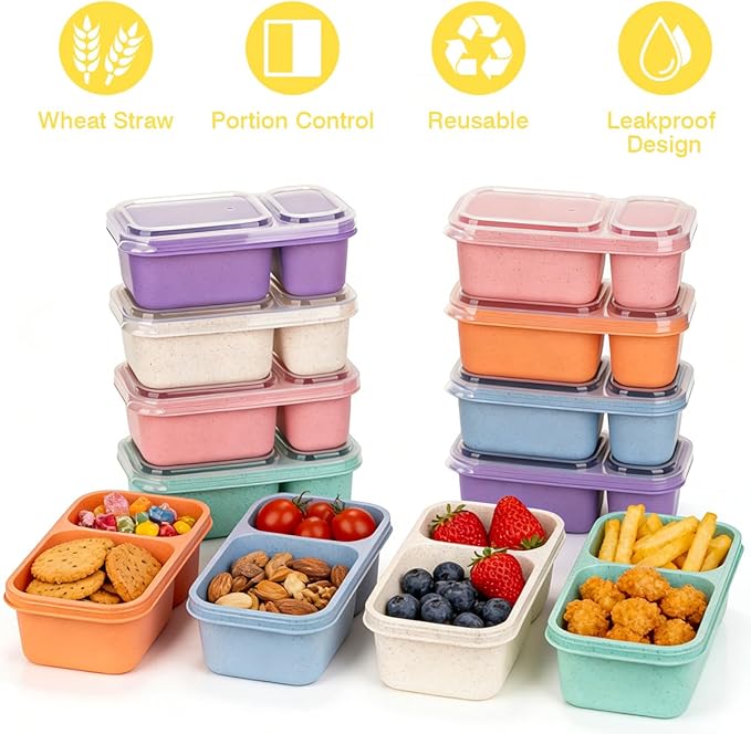 DOSEWART 2-Compartment Reusable Snack Containers with Lids Wheat Straw Reusable Snack Packs for Meal Prep Food Storage on-the-go Snacking(12Pack)