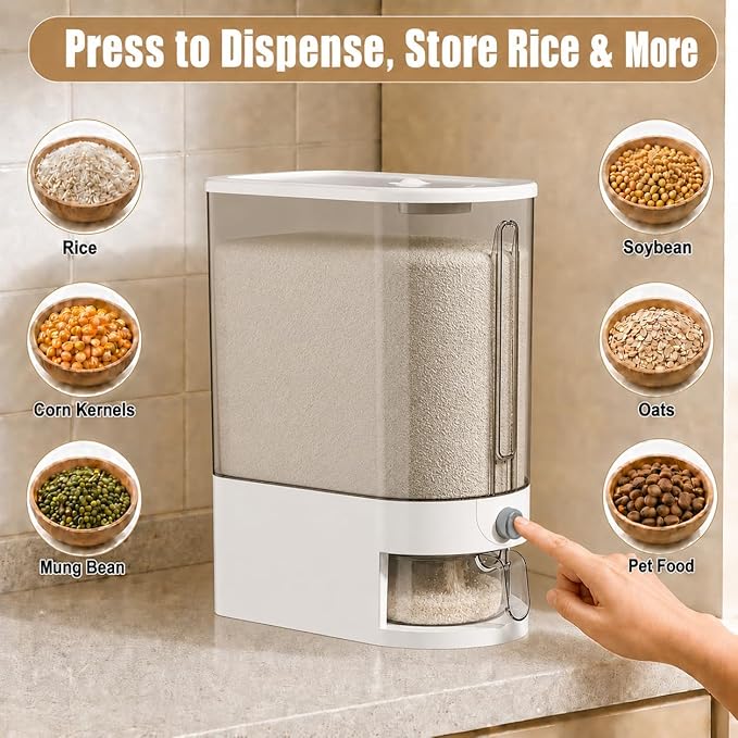 Rice Storage Container with Measuring Cup, Food Grain Dispenser for Dry Goods, Multi-Purpose Kitchen Pantry Storage Box (Transparent-20 pounds)