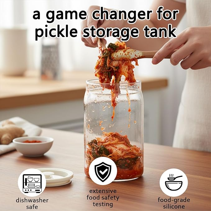 Pickle Jar, 2 Pack 1200ml/40.6 oz Kimchi Container, Airtight Clear Fermentation Canister, Wide Mouth Refrigerator Storage with Silicone Ring & Exhaust Valve for Radish, Onion, Sauerkraut