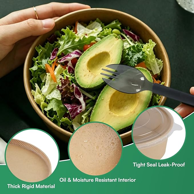 17 oz Disposable Kraft Paper Bowls with Lids and Sporks, 48 Sets Leak-Proof Meal Prep Containers for Hot & Cold Food, Soup, Salad, Snacks, Ice Cream, Desserts, Food Bowls