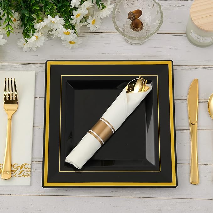 JOLLY CHEF 60 Pack Halloween Birthday Plastic Plates- Square Gold Plastic with Elegant Gold Rim 9.5 Inch Black Disposable Plates for Wedding, Birthday, Halloween and Party