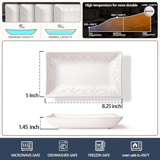 Artena 8.25" Ceramic Rectangle Plates Set of 4 - Deep Lipped Edges, Appetizer Salad Sushi Pasta Dessert Plates, Microwave/Oven Safe, Cute Kitchen Dinner Restaurant Serving Dishes (Multiple Patterns)