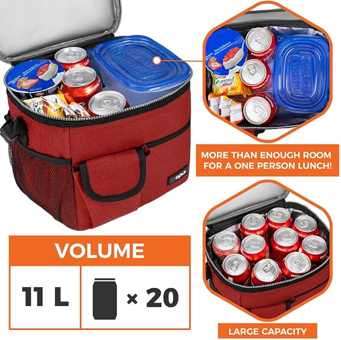 opux Insulated Lunch Box for Men Women Kids, Leakproof Reusable Lunch Bag Cooler for Work School Office, Soft Thermal Lunchbox Tote with Shoulder Strap for Boys Girls Adults, Heather Red, 18 Can/10L