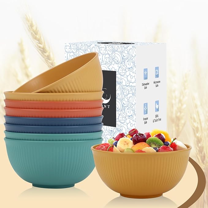 PYRMONT Unbreakable Cereal Bowl 26 OZ Alternative Plastic Bowls Reusable Wheat Straw Bowls Set of 8 Dishwasher & Microwave Safe Rice Bowls for Kitchen,RV,Travel Dish Sets for Food,Fruit-Colorful