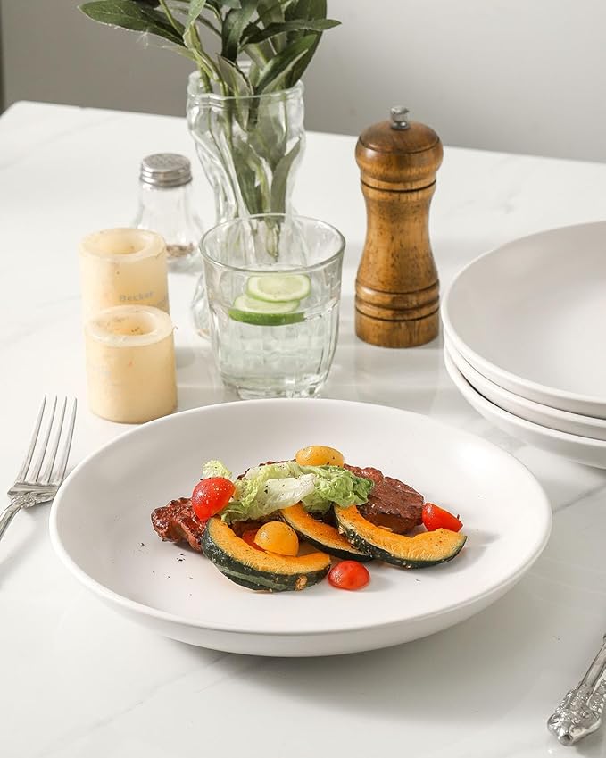 Stoneware Plate, 10 Inch Dinner Plate Set of 4,Dinnerware Set Plates for Steak, Noodless, Microwave, Oven, and Dishwasher Safe, White