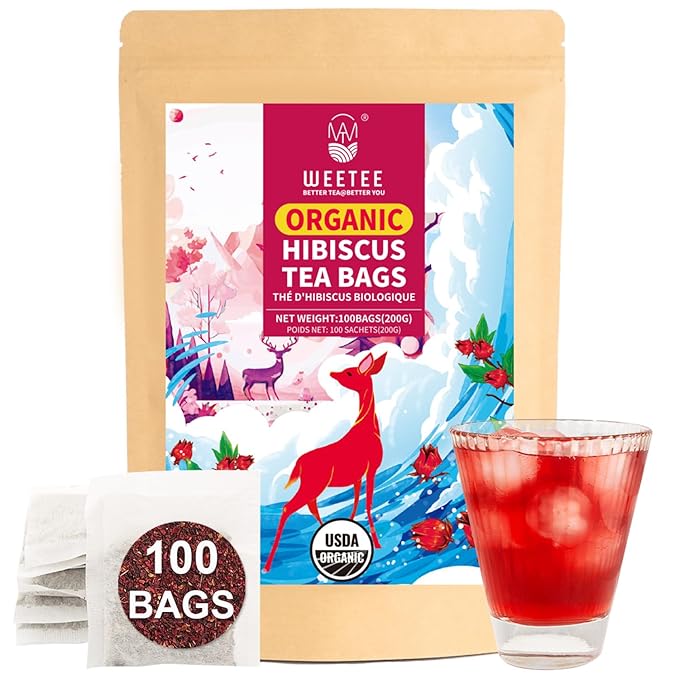WT WEETEE Organic Hibiscus Tea Bags 100 Count, Caffeine-Free Herbal Tea for Hot & Cold Brew, 100% Pure Hibiscus Flowers, Balanced Tartness, Refreshing Iced Tea