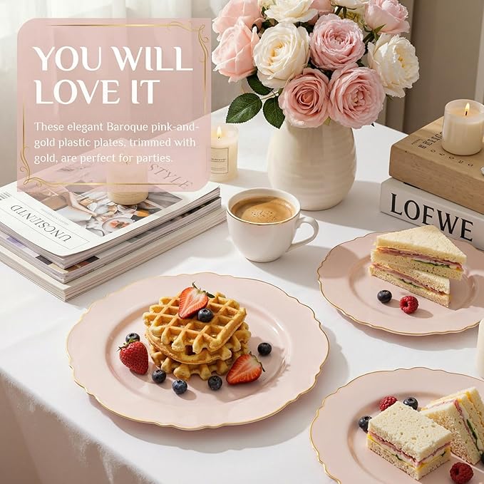 WDF 100pcs Pink Plastic Plates - High-end Baroque Design - Pink and Gold Plates - Including 50 Disposable Plate 10.25inch, 50Salad Plate 7.5inch for Wedding/Baby Shower/Spring/Birthday