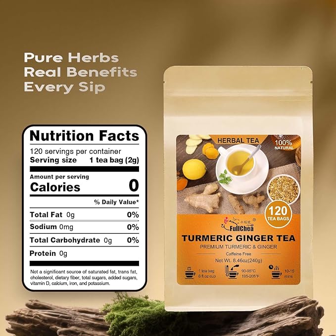 FullChea - Turmeric Ginger Tea Bags, 2g×120 Count - Premium Ginger & Turmeric - Non-GMO - Caffeine-free - Aid Digestion & Provide Antioxidants
