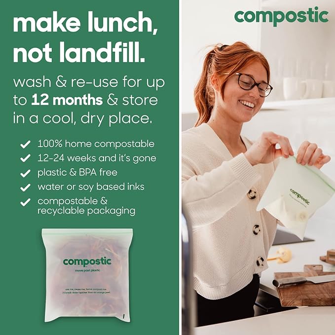 Compostic Compostable Gallon Bags (100 Count) Bulk Pack — Resealable Zip-Seal, Plant-Based, Home Compostable, Freezer Safe, BPA-Free, Non-Toxic, GMO-Free Food Storage Bags