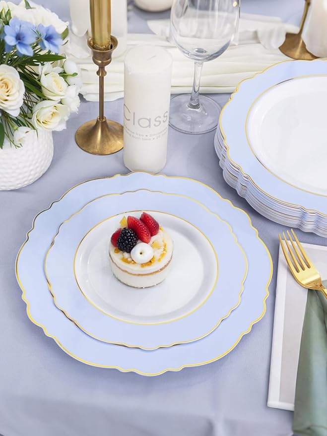 WDF 60pcs Blue Plates Disposable With Gold Rim - Baroque Baby Blue Plastic Party Plates for Wedding/Party/Baby Shower/Spring