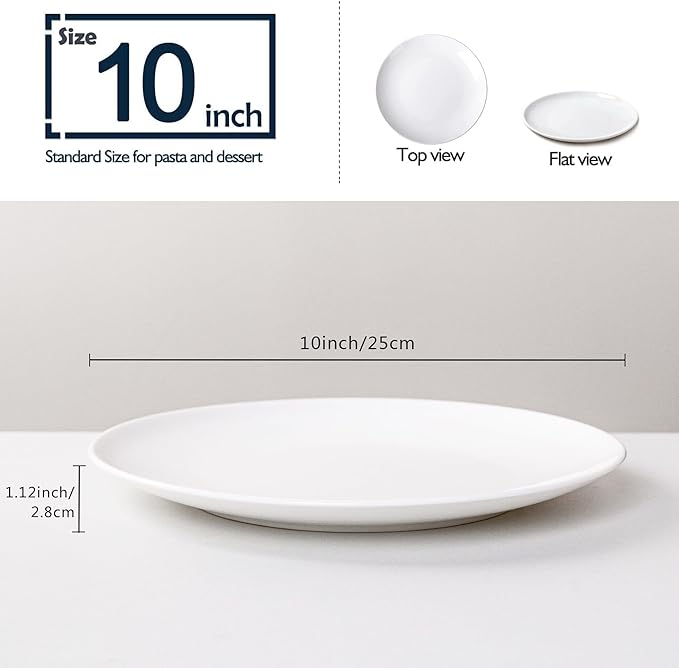 White Dinner Plates Set of 6, 10 Inch Ceramic Plates – White Porcelain Dinner Plates for Kitchen, Serving & Everyday Use, Microwave & Dishwasher Safe, 25.4Cm