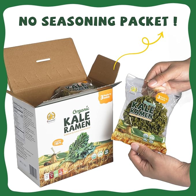 SUNGIVEN Organic Ramen Noodles Kale Healthy Low Sodium Ready in 3 Minutes Non-Fried Instant No Additives or Preservatives 2.47 OZ (Pack of 10)