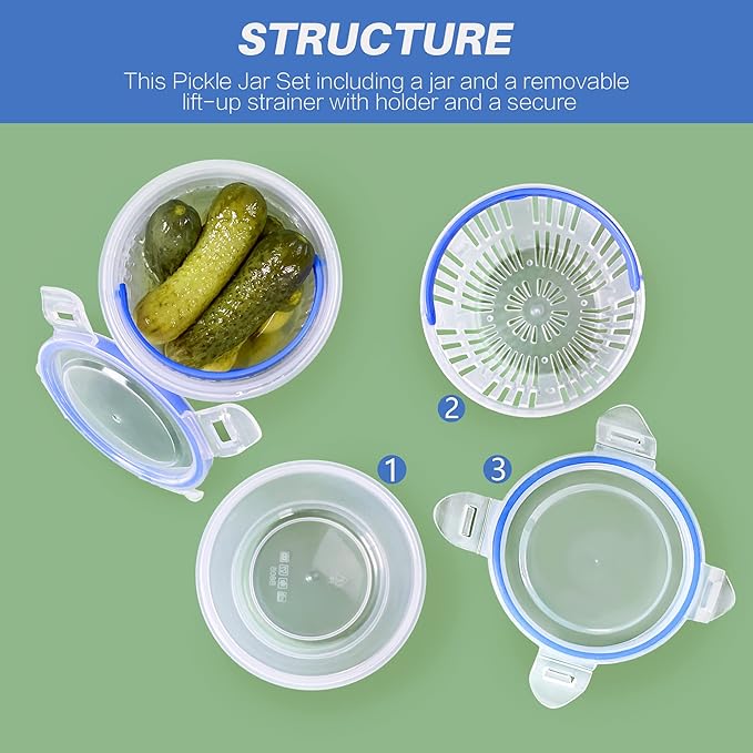 KIKINIKO Pickle Jar 24 oz pickle container with strainer Pickle Holder Keeper Lifter, pickle storage container suitable for pickling small jars of kimchi, Flip Jar with Leak Proof and Lock It Lid