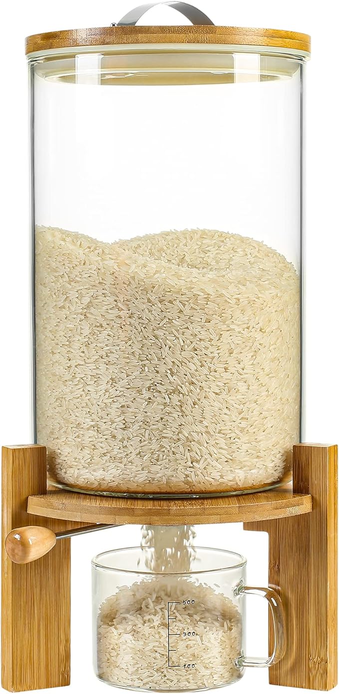 Rice Dispenser, Rice Storage Container：Flour and Cereal Container with Airtight Lid and Wooden Stand, Glass Food Storge Container for Kitchen Organization and Pantry Store (8L)