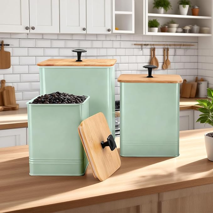 Kitchen Canisters Set of 3, Metal Flour Sugar Storage Containers with Airtight Lids-Canisters Sets for Kitchen with Customizable Chalkboard Labels & Marker Pen-Spice, Coffee Storage Jars(Saga Green)