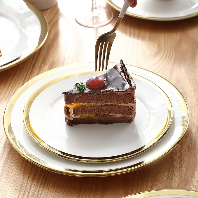 Salad & Dessert Plates, Set of 6, 8 inch, White Porcelain with Gold Trim, Elegant Ceramic Appetizer Plates for Bread, Snack and Finger Food, Round Serving Dishes for Wedding & Dinner Party