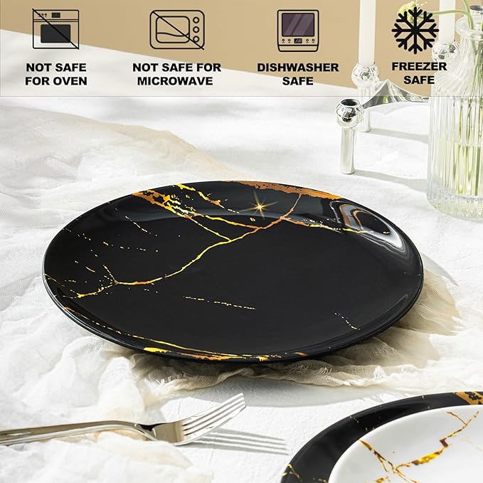 UNK U 10.5-Inch Marble Melamine Plates Set of 6, Black and White Marble Dinner Plates with Gold Accents, Dishwasher Safe Modern Plates for Wedding Dining & Special Events