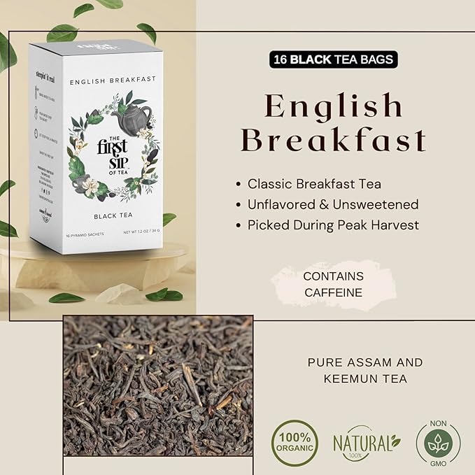 English Breakfast Black Tea, Pyramid Sachet Tea Bags, High Caffeine Afternoon Tea, 100% Pure Unflavored Black Tea, Hot & Iced - 16 Cups | The Spice Hut. First Sip of Tea