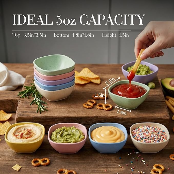 Wrova Dipping Bowls Set of 6, Soy Sauce Dish Wheat Straw Bowls 5oz, Small Plastic Ramekins for Side Dishes,Condiment,Ketchup, Unbreakable Sauce Bowls Microwave Safe Dip Bowls for Parties- Colorful