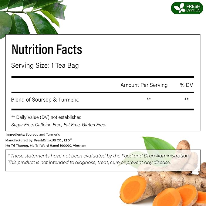 FreshDrinkUS, Premium 25 Soursop Turmeric Tea Bags, 100% Natural, Blend of Soursop Leaves, and Turmeric Root. Made with Natural Material Tea Bags. No Sugar, Vegan.