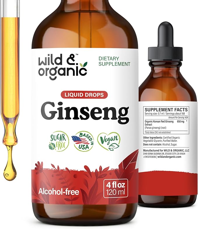 Wild & Organic Korean Panax Ginseng Extract Liquid Drops - Immune & Energy Support - Red Ginseng Root Supplement - Easy to Add to Tea - Vegan, Sugar & Alcohol-Free Tincture - 4 fl oz