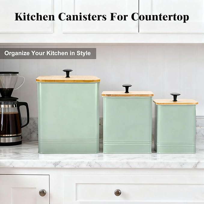 Kitchen Canisters Set of 3, Metal Flour Sugar Storage Containers with Airtight Lids-Canisters Sets for Kitchen with Customizable Chalkboard Labels & Marker Pen-Spice, Coffee Storage Jars(Saga Green)