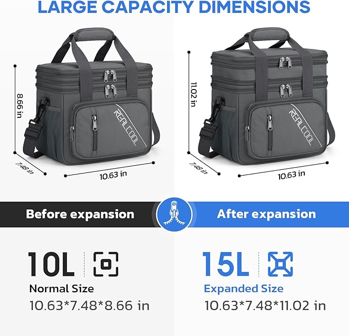 RealCool Lunch Bag, Insulated Lunch Box for Men Women, Double Deck Leakproof Soft Cooler Bag with Adjustable Strap, Reusable Lunchbox for Work, Travel, Camping (Grey)