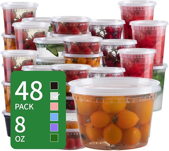 8 oz Clear Plastic Condiment Cups - 48-Pack with Lids, Airtight Small Food Containers, BPA-Free, Dishwasher Safe