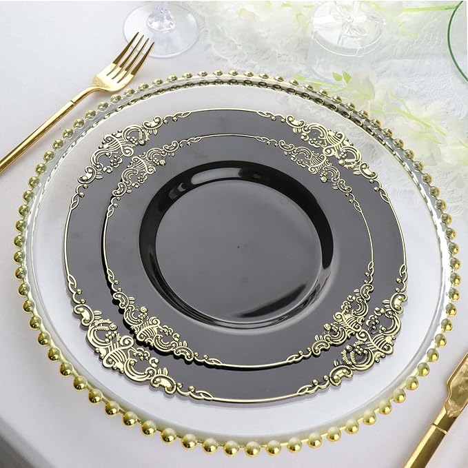 Efavormart 10 Pack | 8" Black and Gold Baroque Dessert Plates, Leaf Embossed Metallic Rim Heavy Duty Appetizer Plates for Modern Moody Socials