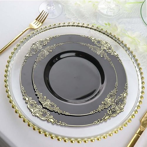Efavormart 10 Pack | 8" Black and Gold Baroque Dessert Plates, Leaf Embossed Metallic Rim Heavy Duty Appetizer Plates for Modern Moody Socials