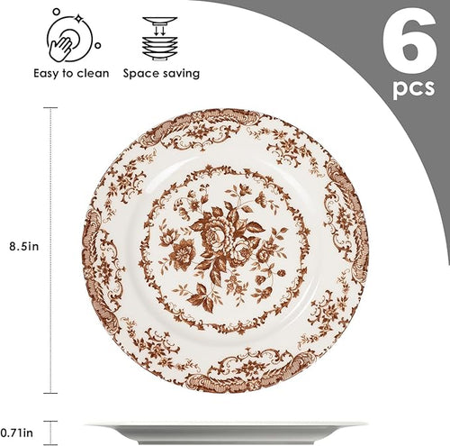 Salad Plates, 8.5 Inch Ceramic Plates Set of 6, Kitchen Plates Microwave Safe Plate, White Porcelain Dessert Porcelain Serving Dishes, Brown