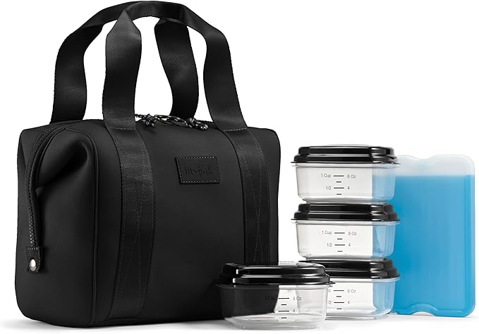 Fit & Fresh Remi Lunch Bag for Women Work – Neoprene Lunch Tote with Containers & Ice Pack, Reusable Meal Prep Lunch Box, Large Capacity, Machine Washable, Black