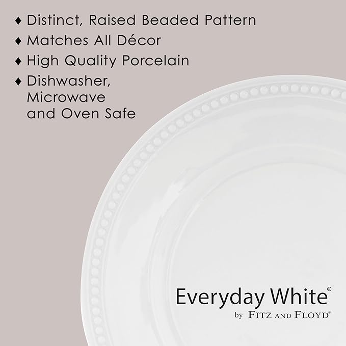 Everyday White Beaded Coupe Set of 4 Dinner Plates, 10.5 inch