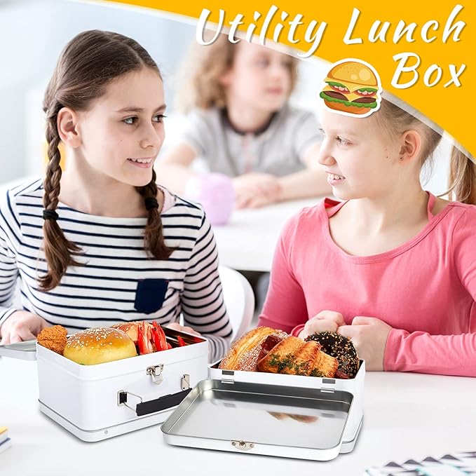 Rtteri 6 Pack DIY Lunch Box Tin Retro Set 8 x 6 x 4 Inches with Hinged Lids DIY Large Box for Storage Blank Design Vintage Metal Lunchbox for Kids Sandwich Containers (White)