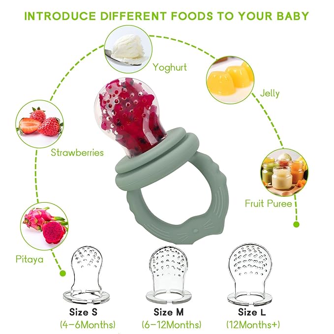 Socub Silicone Baby Fruit Food Feeder & Baby Food Freezer Tray Set, milk Popsicle Molds for Baby Teething Relief, Baby Food Pacifier Feeder for Self Feeding, Include 3 Sizes Food Pouch (Sage)