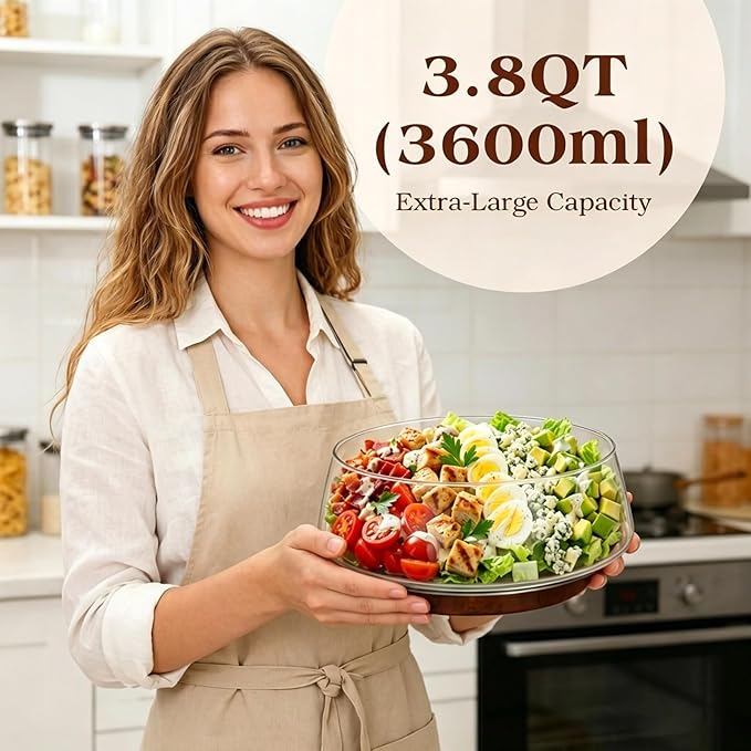 121oz Large Glass Salad Bowl Set with Acacia Wood Base, 3.8QT Clear Serving Bowl with Wooden Spoons, 3600ml Decorative Mixing Bowl for Fruit, Pasta, Party and Thanksgiving (Classic Smooth)