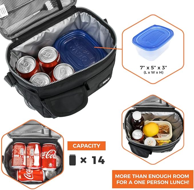 opux Insulated Lunch Bag for Men Women, Leakproof Black Lunch Box for Work, Portable Soft Lunch Cooler Bag with Shoulder Strap, Adult Lunchbox Lunch Pail for Kid Boy Girl School, 14 Can/8L